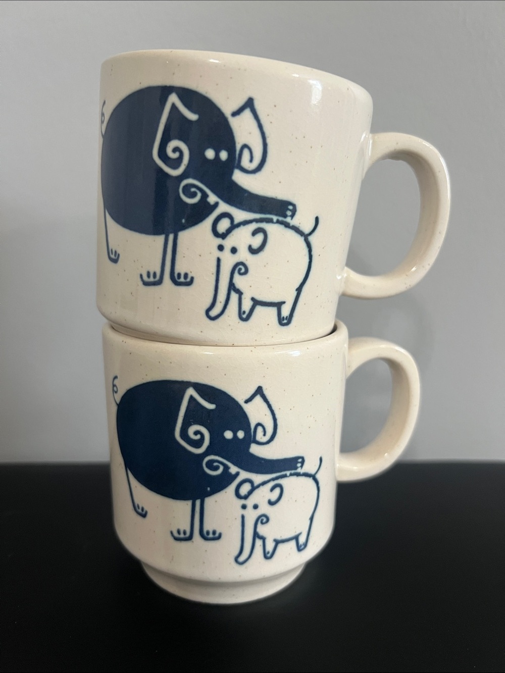 Vintage 1970’s Japan Pottery Speckled Folk Art Elephant Mugs Scandanavian Style